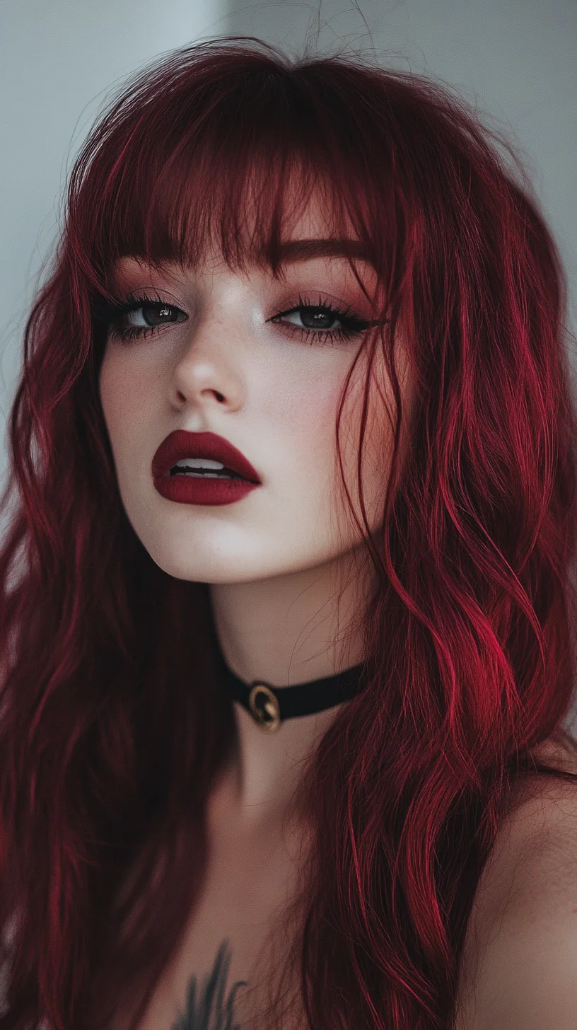 Bold and Beautiful: Embrace Luscious Red Waves with Flirty Bangs