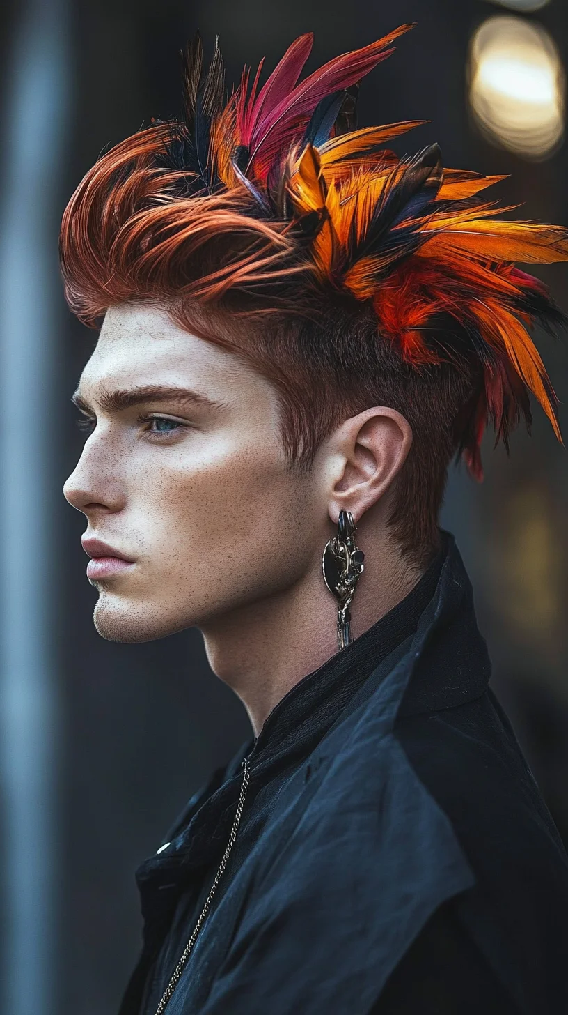 Bold Flames: A Striking Edgy Hairstyle with Colorful Feathers