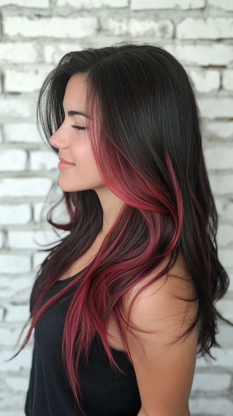 Effortlessly Chic: Black Locks with Bold Burgundy Highlights for a Stunning Contrast