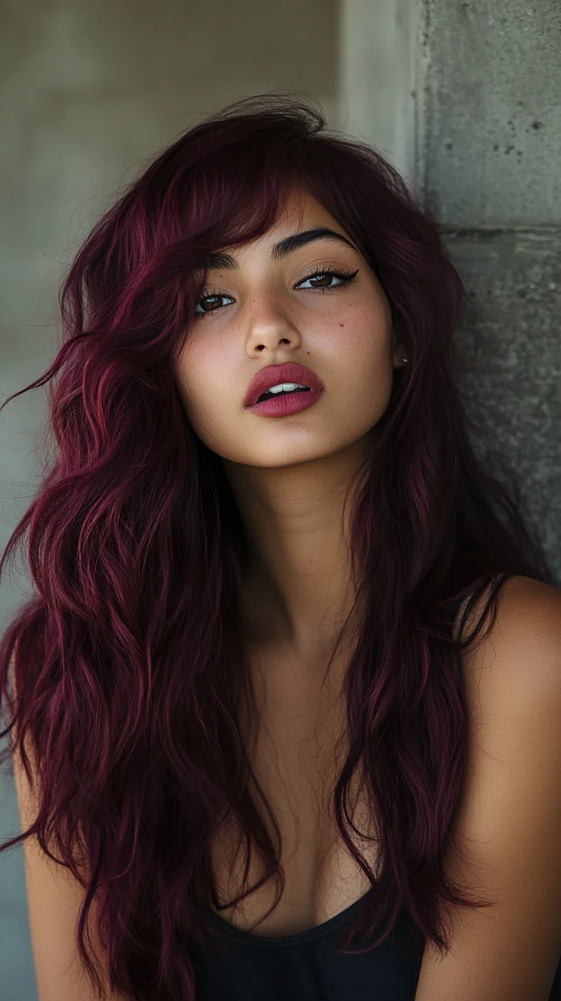 Effortlessly Chic: Luxurious Deep Burgundy Waves with Flattering Face-Framing Layers