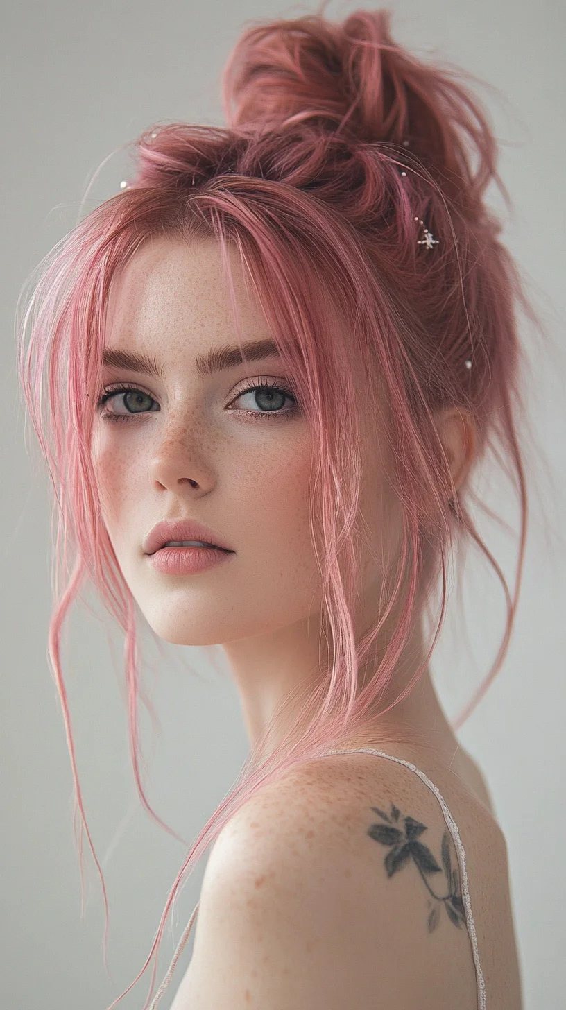 Effortlessly Chic Pink Bun with Playful Strands