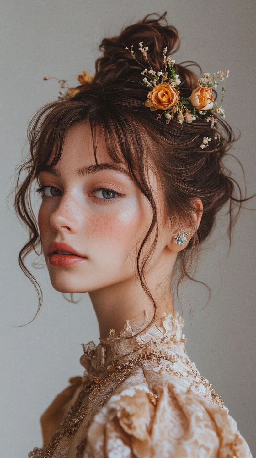 Effortlessly Romantic: The Floral Updo with Soft Tendrils