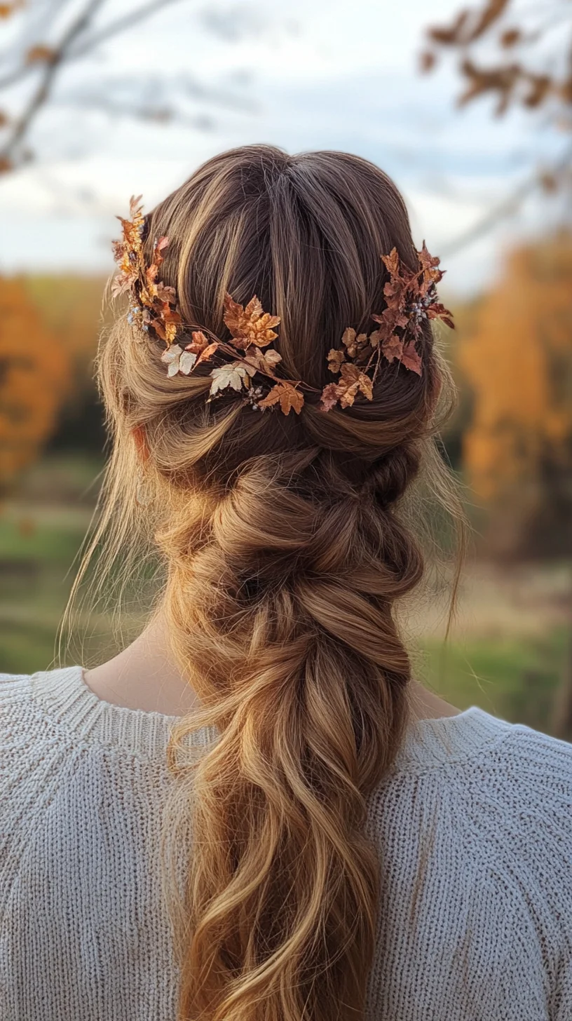 Elegant Braided Updo with Autumn Leaves for a Bohemian Touch