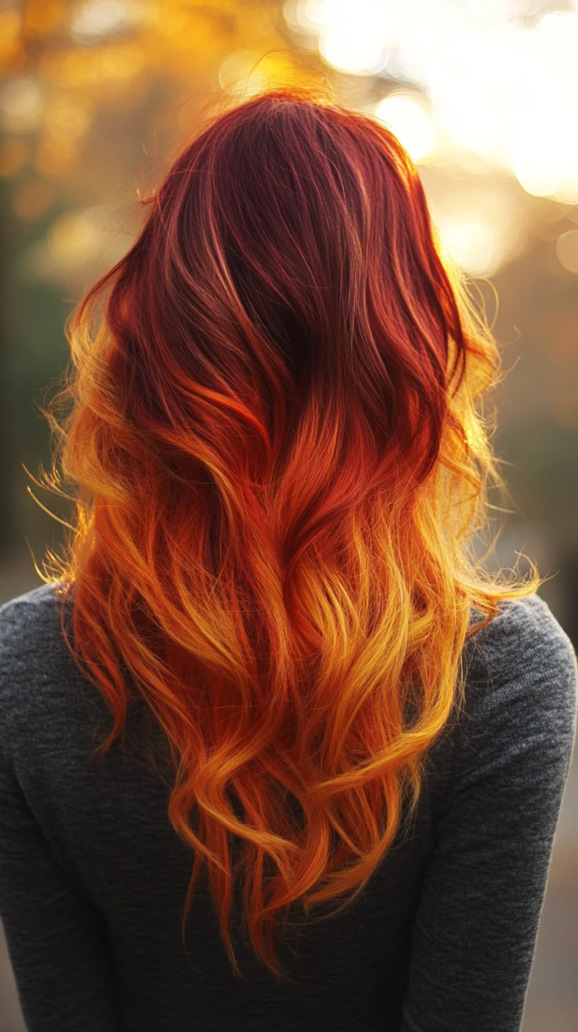 Fiery Ombre Waves: A Stunning Blend of Sun-Kissed Reds and Golden Tones