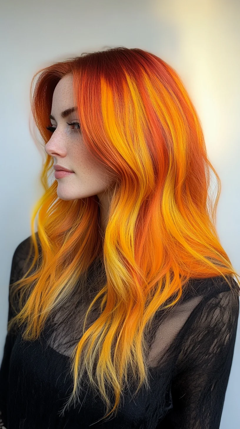 Fiery Ombre Waves: Ignite Your Look with Stunning Red and Orange Highlights