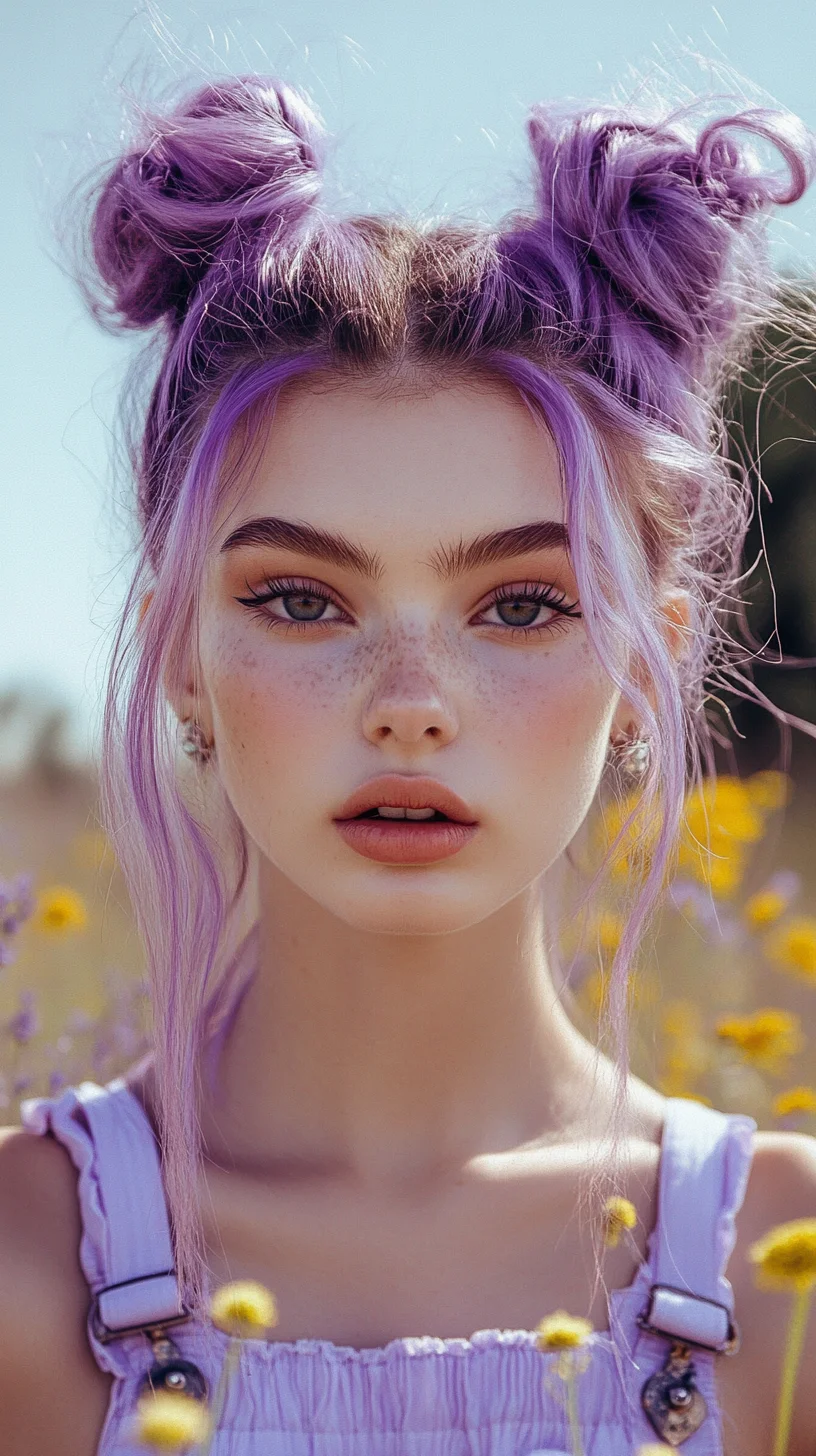 Fun and Flirty Space Buns with a Pop of Lavender Twist