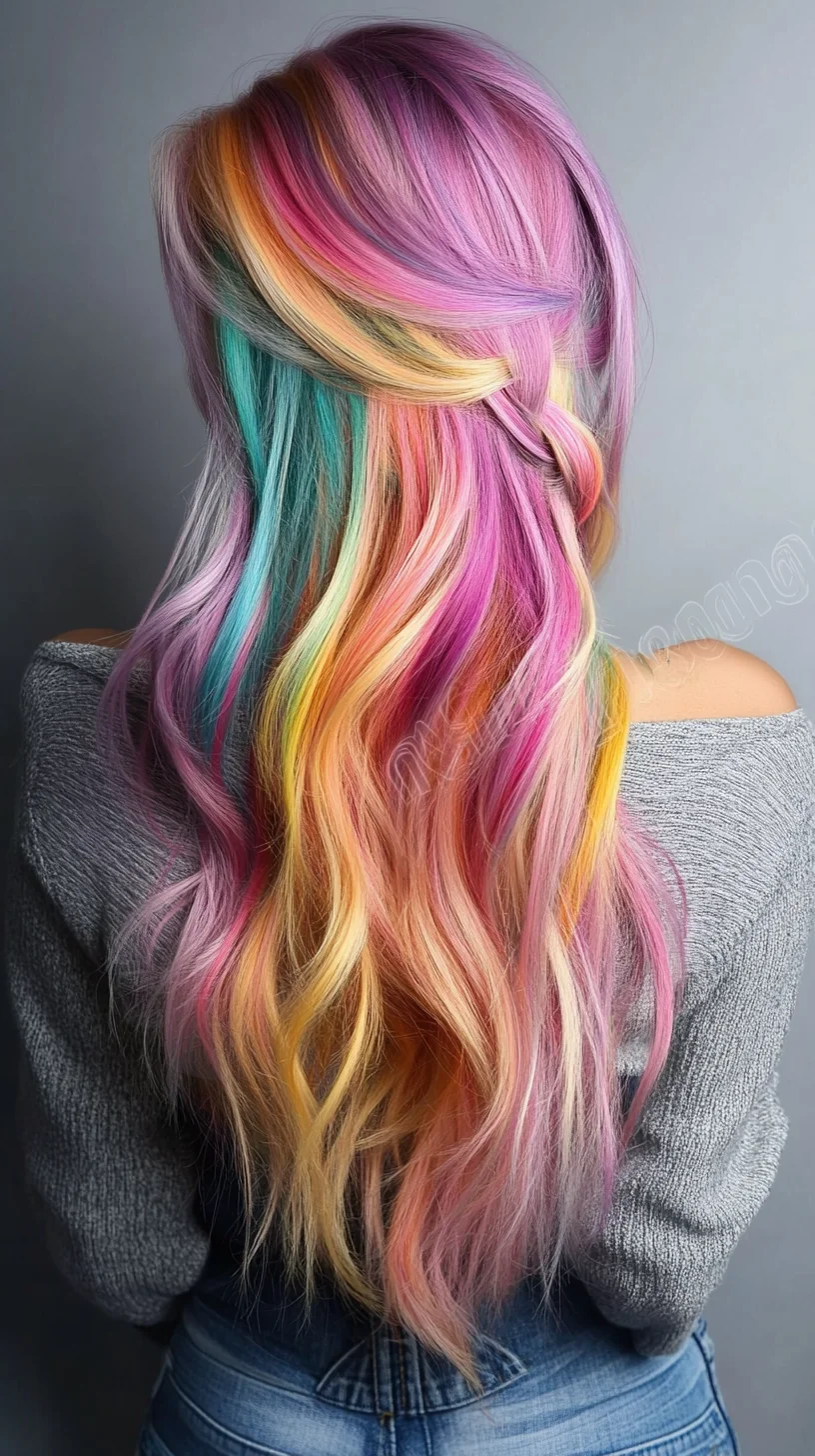 Vibrant Rainbow Waves: A Playful Hairstyle for Bold Fashionistas