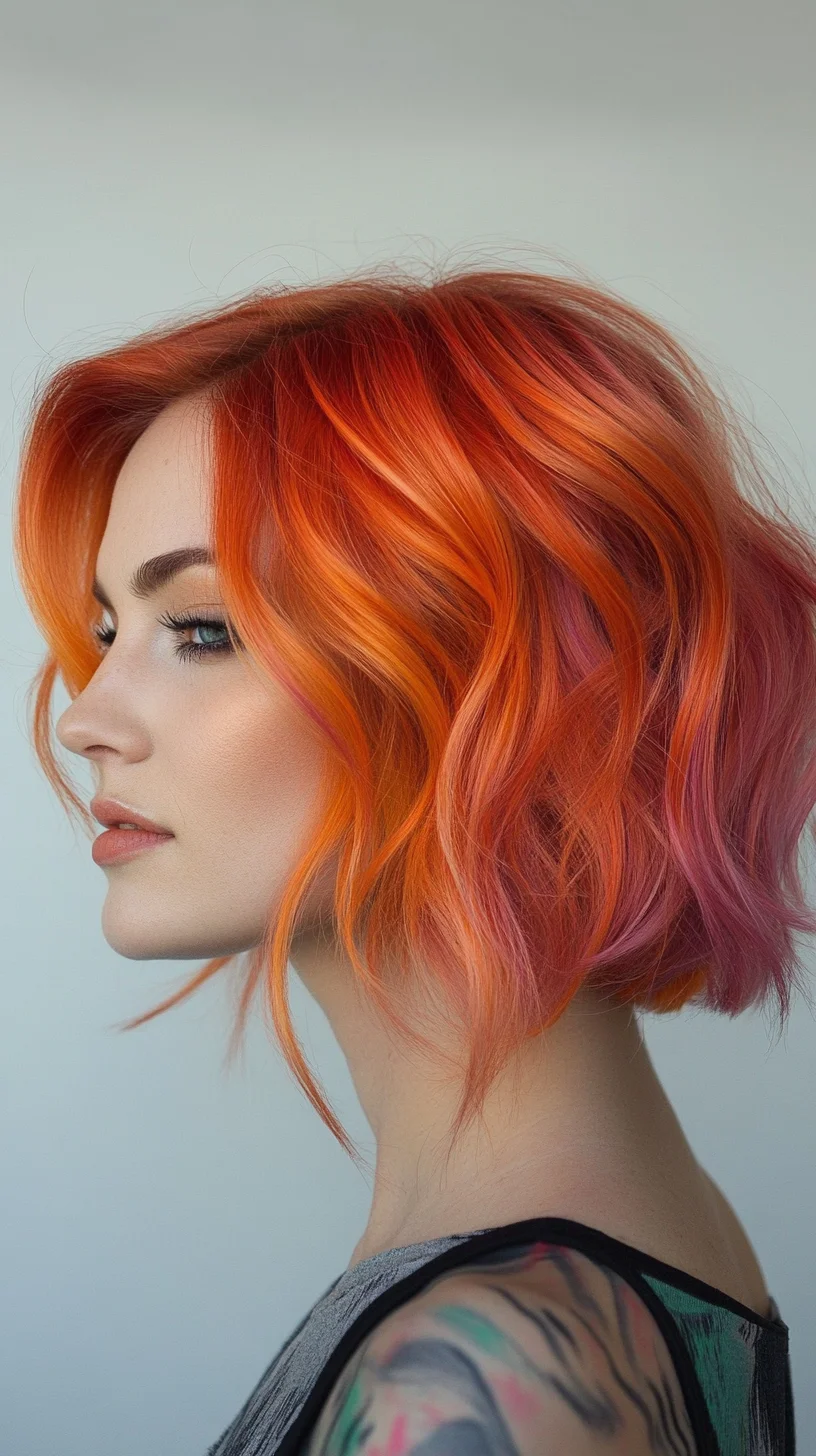 Vibrant Wavy Bob: A Bold Fusion of Fiery Shades for a Head-Turning Look